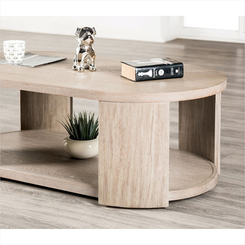 Table basse ovale en bois massif avec roulettes et tablette inférieure, finition chêne, 50 pouces de largeur