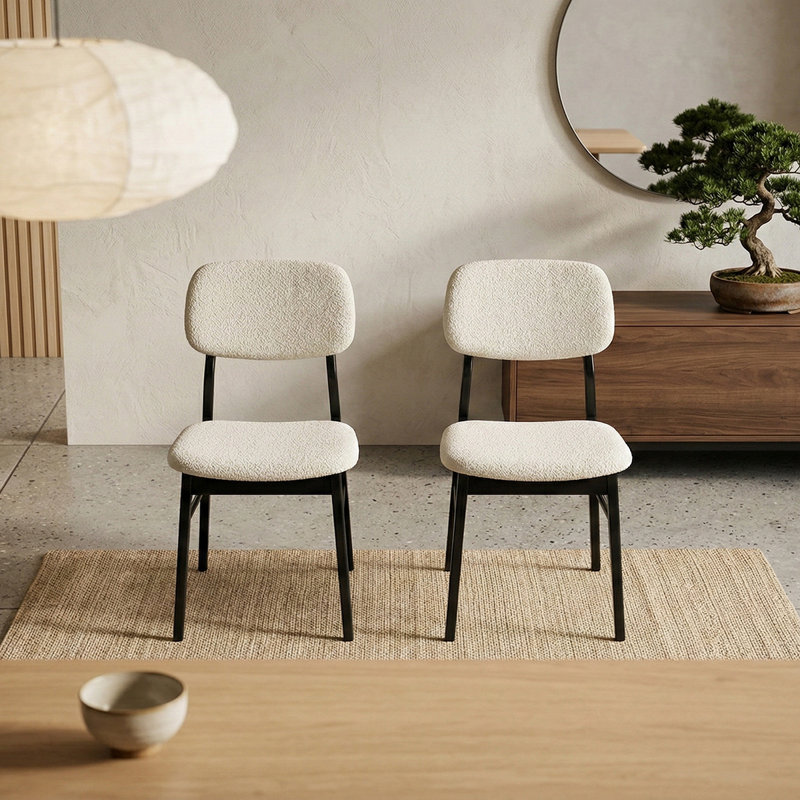 Joy Upholstered Back Parsons Dining Chair Boucle White, Set of 2, Solid Frame, 47cm Seating Height, Black