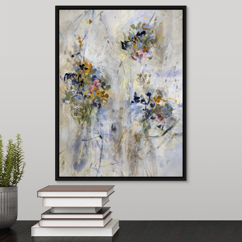 « blended pétales ii », peinture sur toile, H 17,7 po x l 13,7 po x P 1,75 po, Cadre flottant noir