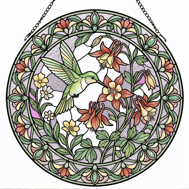 Hummingbird Floral Stained Glass Window Panel,12"H, 12"H
