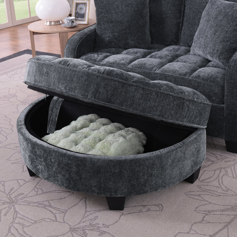 Chenille 2-seater Sofa, Double Sofa Chaise Longue, Black