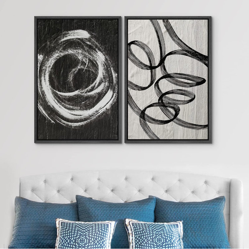 "Motif géométrique abstrait rétro de formes géométriques neutres et décoratives nordiques" - 2 pièces sur toile, Cadre noir