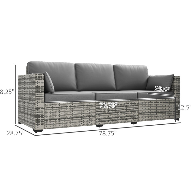 Canapé 3 places gris avec coussins confortables et structure en acier robuste pour l'extérieur