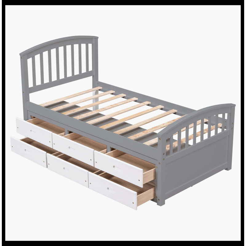 Lit plateforme simple avec 6 tiroirs, gris et blanc
