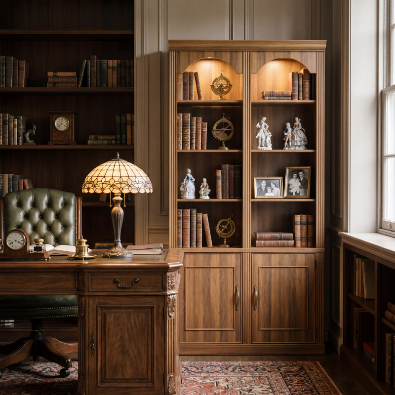 Busby 90.3'' Tall Bookcase With Cabinet Storage, 2 Top Spotlights And 3-Color Lighting, Walnut