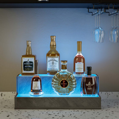 Led Lighted Liquor Bottle Display Shelf, 20" Freestanding 2 Tier Bar Shelf With App And Remote, Grey