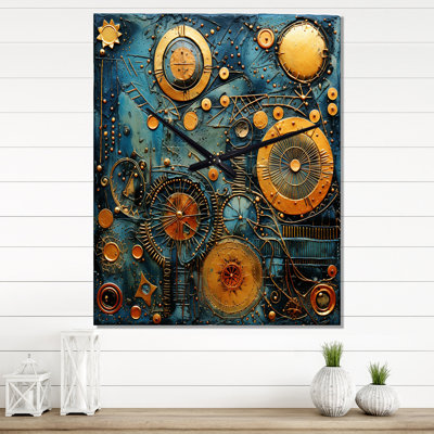 Horloge murale antique géométrique en or et bleu II
