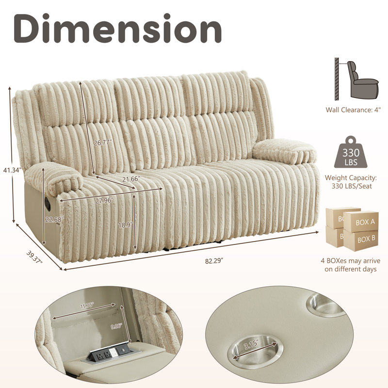 82.29"wide Pillow Top Arm Corduroy Upholstered Manual Double Reclining Sofa, Beige