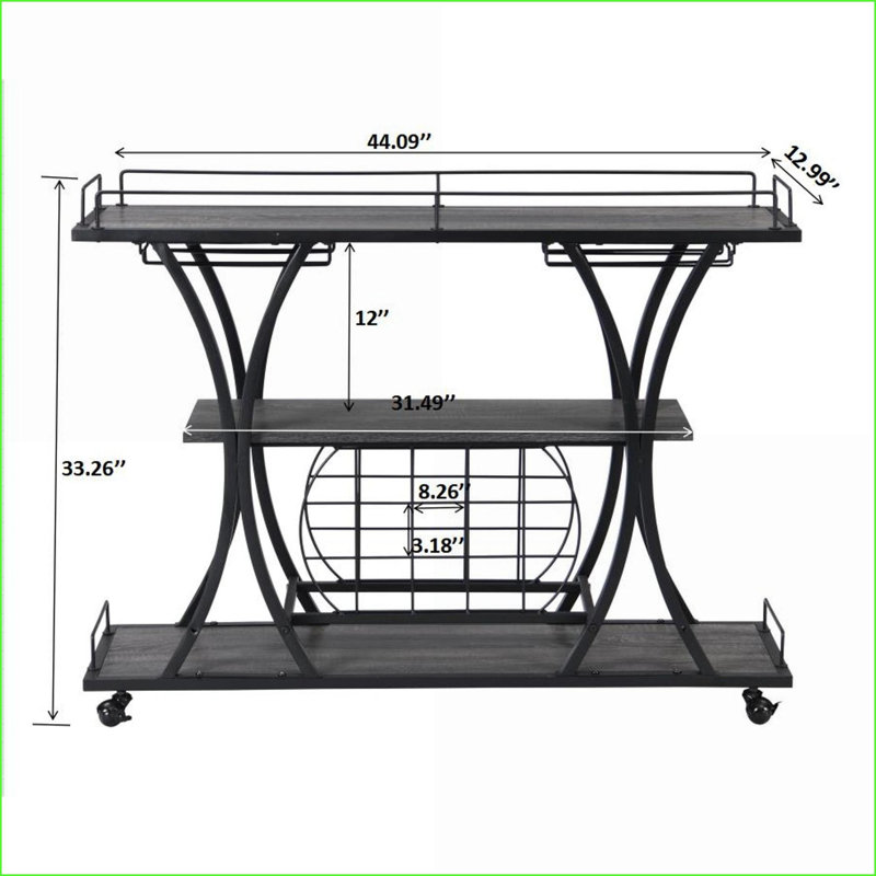 Chariot de bar industriel, chariot de service de cuisine à 3 niveaux avec roues, 11 bouteilles 16 supports à verres à vin | Fer | Noir + gris