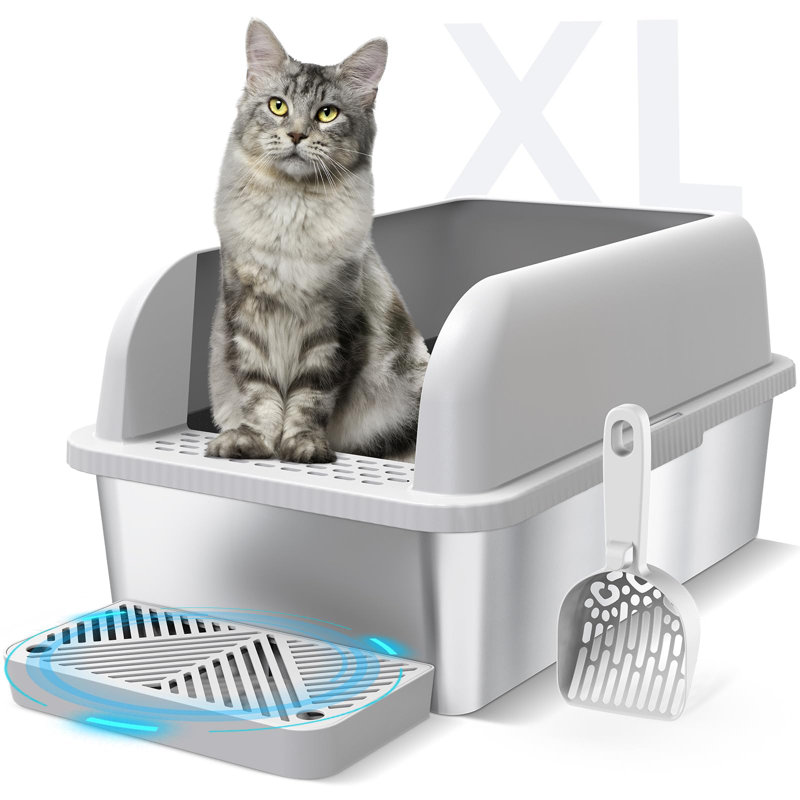 Extra Large Gray Stainless Steel Enclosed Cat Litter Box with Lid