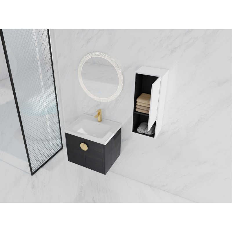 24" Bathroom Vanity With Ceramic Sink And Side Compartment Unit - Black Chestnut Tone Rack Finish