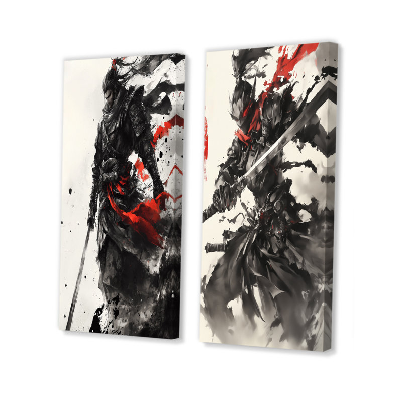 China Warrior In And Red Tones I - Ensemble de 2 pièces d'art mural Warrior China, H 40 po x l 40 po, Toile tendue
