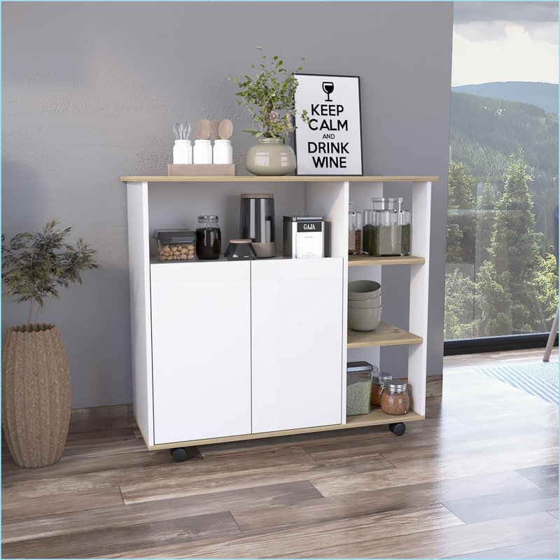 Kitchen Cart with Locking Casters, 4 Shelves, Cabinet - | Particle Board | Particle Board