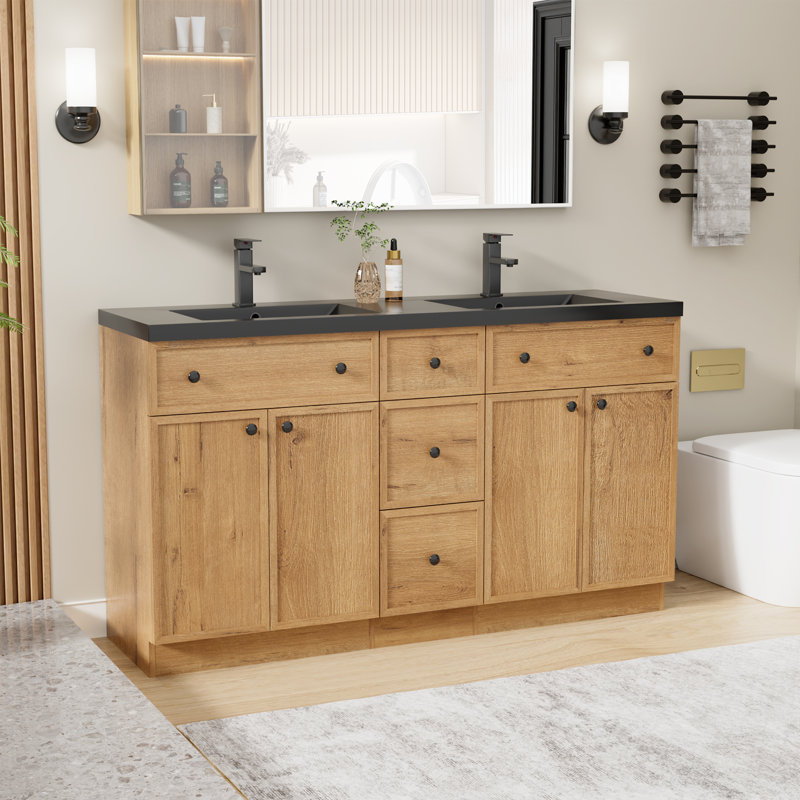Meuble-lavabo double 60 po avec lavabo en résine 60 po Modern, Chêne, 60"