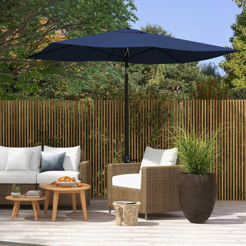 Parasol de marché rectangulaire avec manivelle et bouton poussoir inclinable, Bleu, H 96,3 po x l 116,5 po x P 77,5 po