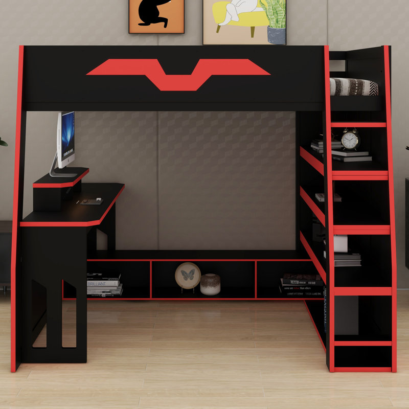 Lit mezzanine en bois peu encombrant avec bureau, tablettes de rangement et lumière DEL RVB, Rouge