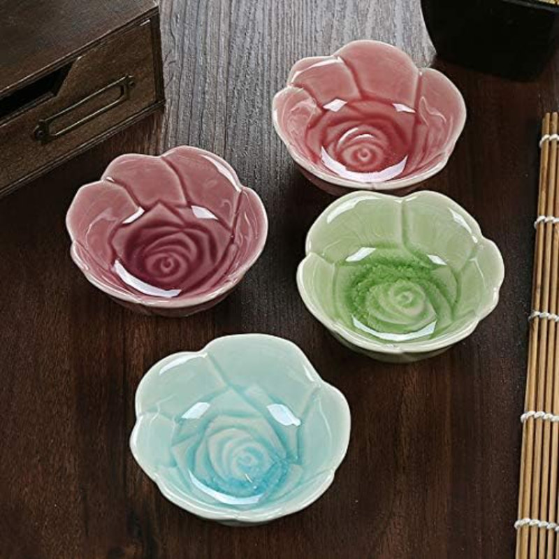 Ensemble de 4 assiettes à apéritif avec glaçage coloré à motif de fleurs en céramique et sauce soja