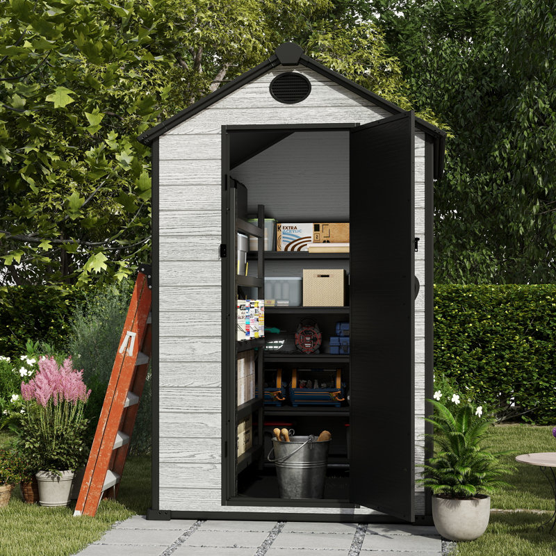 EHHLY 4.4x6 FT Resin Outdoor Storage Shed, 230 Cuft Garden Tool Sheds & Outdoor Storage Plastic Shed with Floor, 7FT Tall Backyard Outside Lawn Mower Storage Shed with Side Window