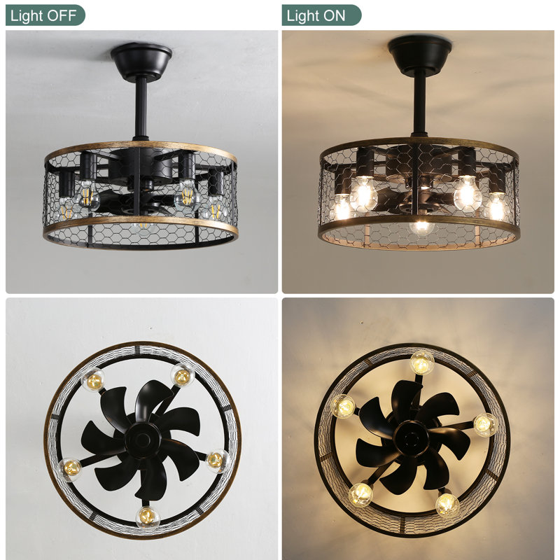 20" 7 - Blade Black Caged Ceiling Fan with Remote Control and Light Kit Included