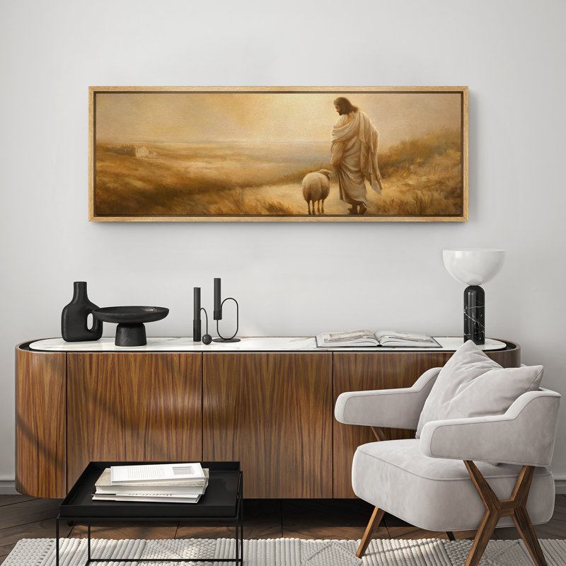 Jesus Christ And The Lost Lamb Walking Vintage Illustrations Religious Christian Artwork, Natural, 20" H x 60" W