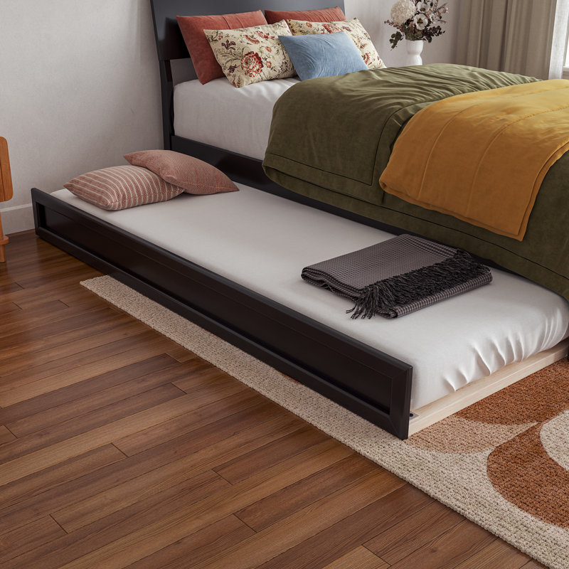 Norla Twin XL Wood Platform Bed with Footboard and Twin XL Trundle, White, Twin XL, Black