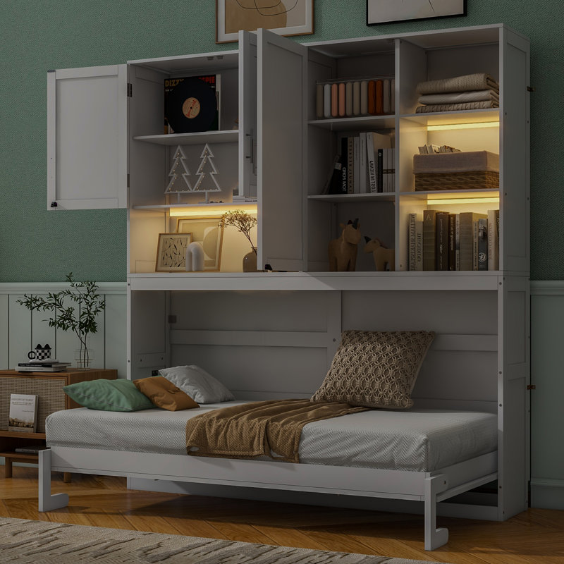 Lit escamotable simple avec armoire de rangement, tablettes, USB et éclairage - Design pliable peu encombrant, gris, Gris