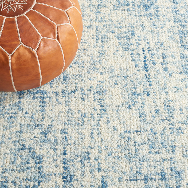 Tapis abstrait bleu / ivoire en laine / coton touffeté à la main Geline, Rond 6 pi