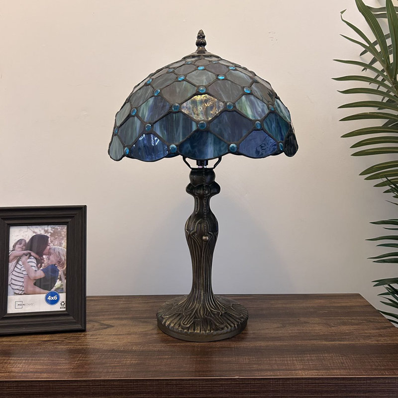 Haydee Tiffany Table Lamp Blue Stained Glass Crystal Beans Included LED Bulb 12"W*12"D*19"H