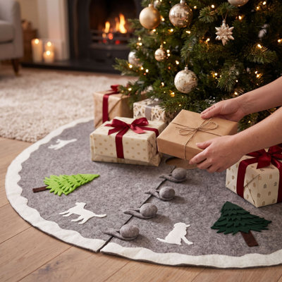 Cream Dogs and Green Trees Christmas Tree Skirt on Gray in Hand Felted Wool