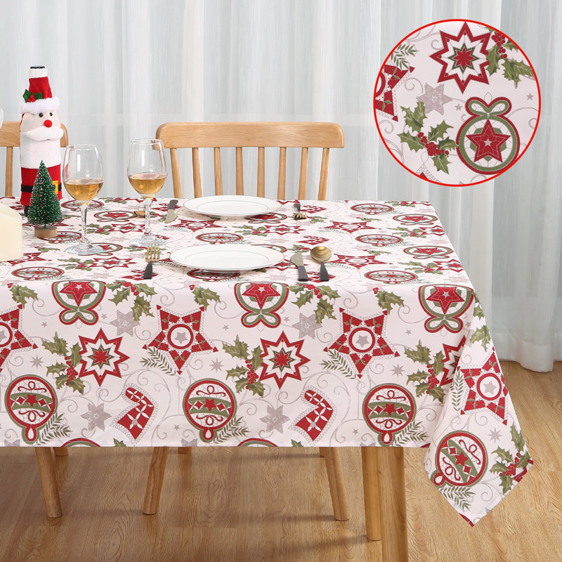 White Five-Pointed Star Christmas Tablecloth | Waterproof Oil-Proof Wipeable Rectangle Cover, Wrinkle-Resistant for Indoor/Outdoor Holiday Dining & Kitchen