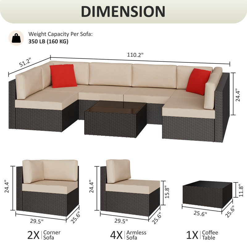 Modular 7 Piece Outdoor Rattan Seating Set For Patio Furniture, Khaki
