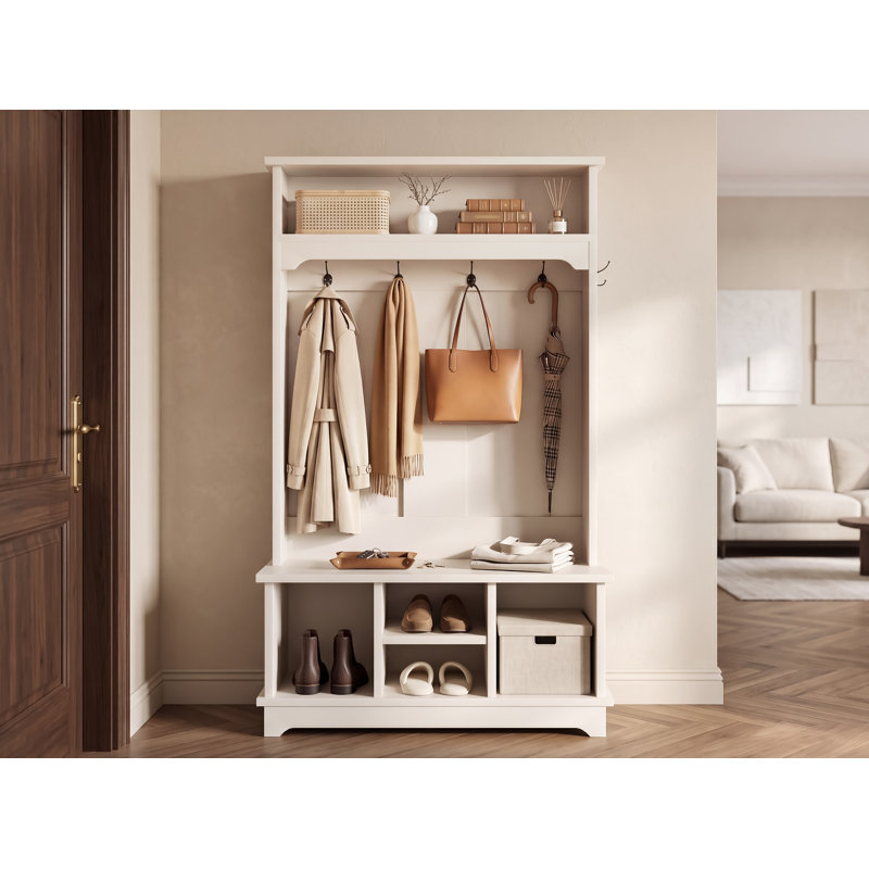 Arbre d'entrée Apex avec banc et rangement pour chaussures, 5 crochets et tablettes ouvertes