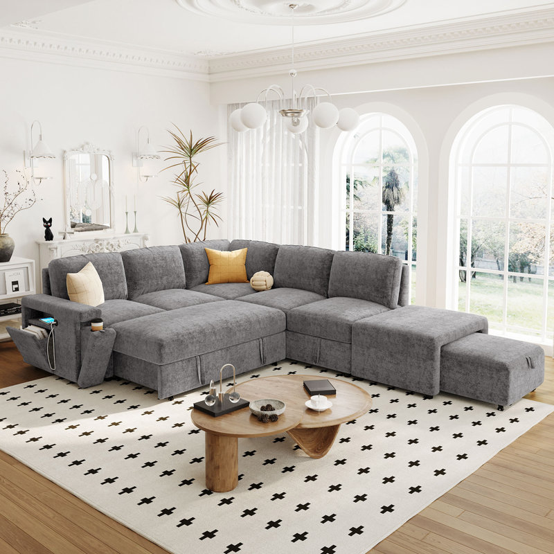 Canapé modulaire rembourré en L avec espace de rangement, Polyester gris