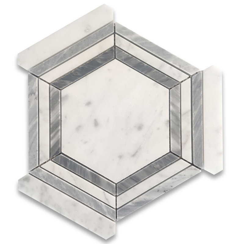 Carrara White Marble 5 Inch Hexagon Georama Geometric Mosaic Tile W/ Bardiglio Grey Strips Honed