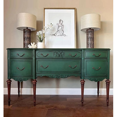 Vintage Green Carved Console Table with Ample Drawer Storage