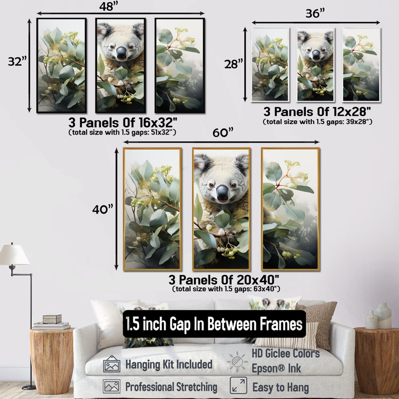 Aquarelle, Koala, arbre, observateur 3, art mural Koala, Cadre flottant noir, H 28 po x l 36 po