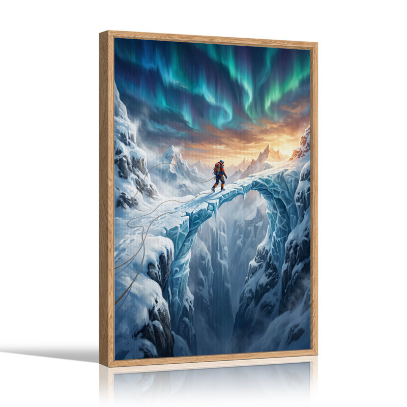 Art mural sur toile Mountaineer Crossing Ice Bridge Under Aurora Borealis, H 48 po x l 36 po