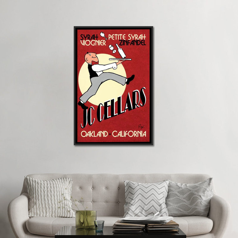 « jc cellars », affiche rétro sur toile, H 26 po x l 18 po x P 1,5 po, Toile avec cadre noir, Pas de tapis