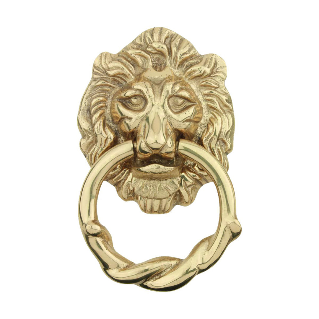 Solid Cast Brass Lion Front Door Knocker 6.25" Tall Lacquered Brass Finish The Renovators Supply Inc.