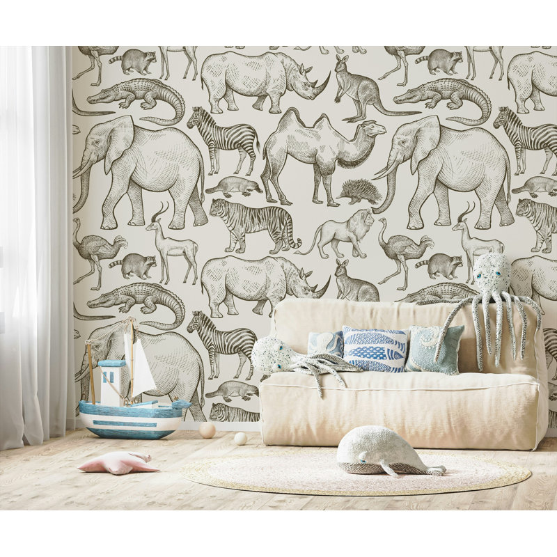 Papier peint amovible monochrome animaux d'Afrique, L 114 po x l 204 po