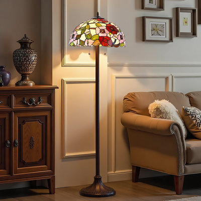 Lampe sur pied 60 po de style Tiffany fabriquée à la main, design en vitrail rose, 2 lumières, double chaîne de traction