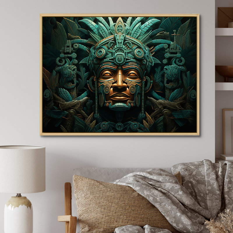 Maya Magic Aztec Mask I - Art mural mexicain, H 34 po x l 44 po x P 1,5 po, Cadre naturel flottant