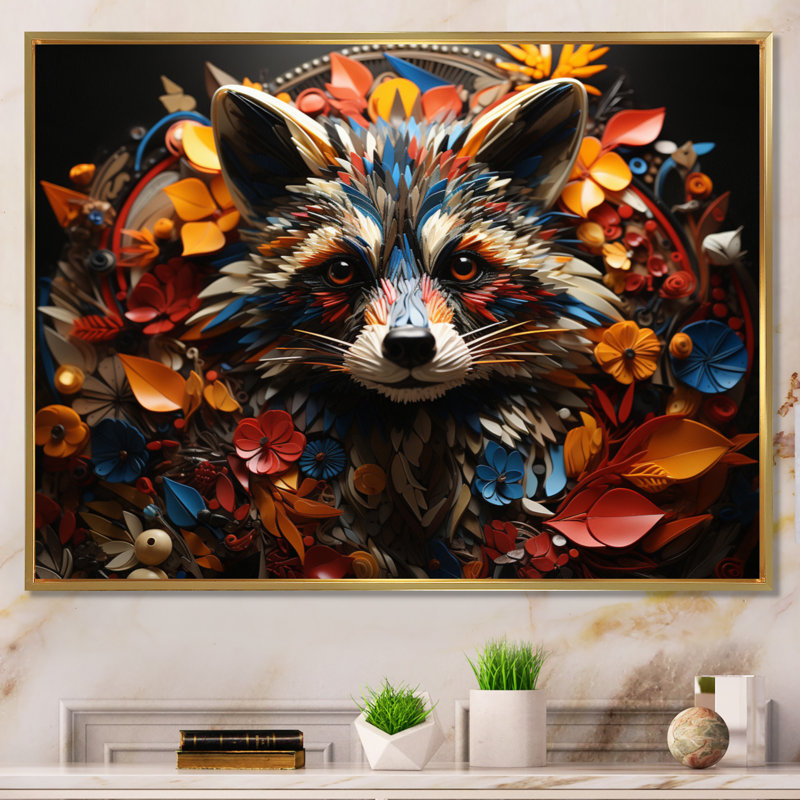 Curious Raccoon Collage III sur toile, H 30 po x l 40 po x P 1,5 po, Cadre flottant doré