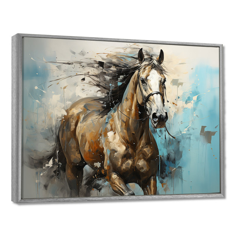 Cheval galopant fantaisiste - cheval, art mural, Encadrement argenté, H 30 po x l 40 po