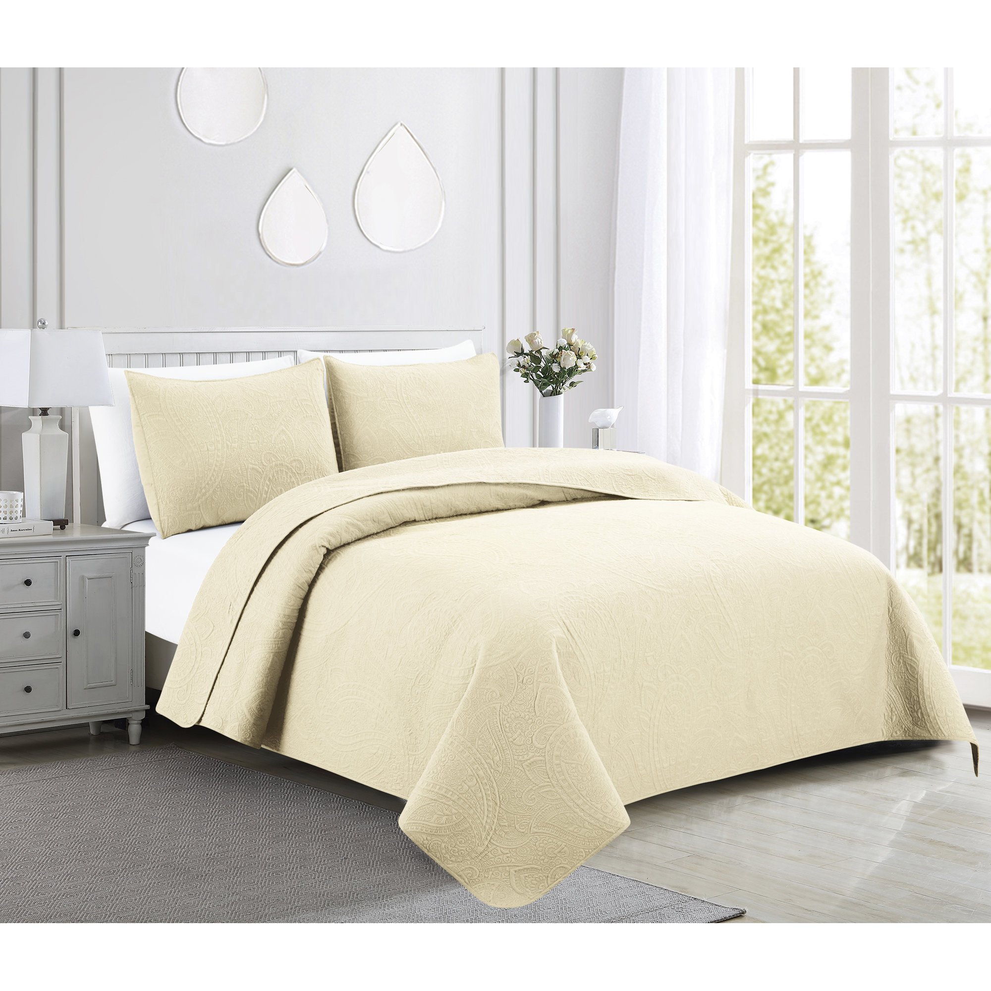 Bristin Cotton Quilt Set, Full/Queen, Ivory