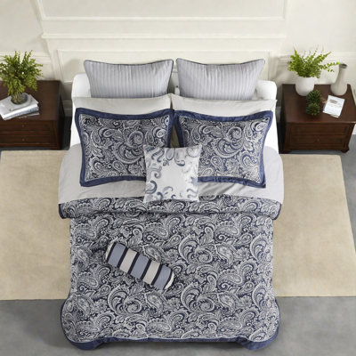 Luxurious 12-piece Bedding Sets, Cotton Sheets & Paisley Design, Navy Queen