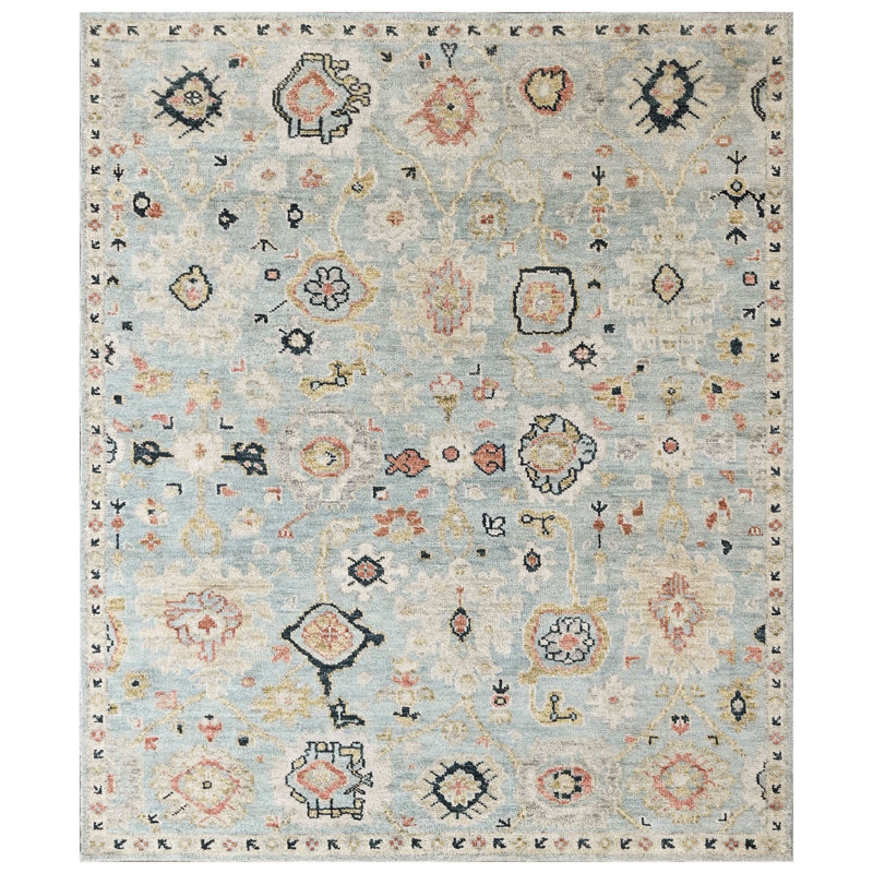Tapis transitionnel bleu en laine noué à la main 8 pi 1 po x 9 pi 11 po Oushak