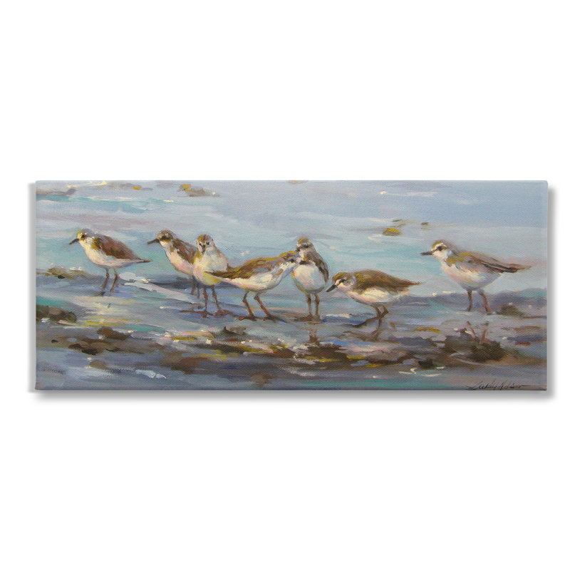«Sandpiper Flock On Shore», art mural sur toile par Sandy Nelson, H 17 po x l 40 po