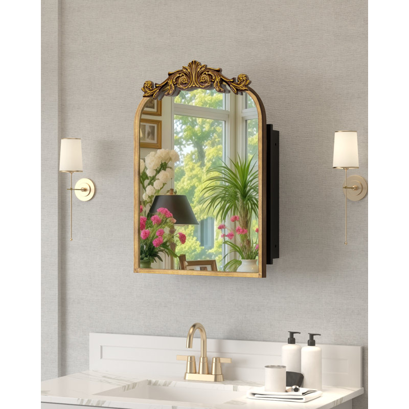 16x24 inch Surface or Recessed Mount Medicine Cabinet Mirror with Vintage Bronze Carving & Hand-Painted Aluminum Frame, All-Metal Construction, 2 Shelves, Arched Mirror for Bathroom, Entryway, Hallway