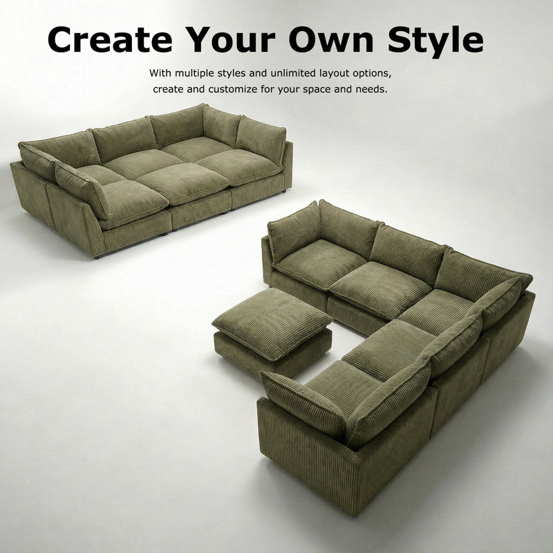 Heffernan 106.77” W Oversized 6-Seater Modular Sofa, Green Corduroy